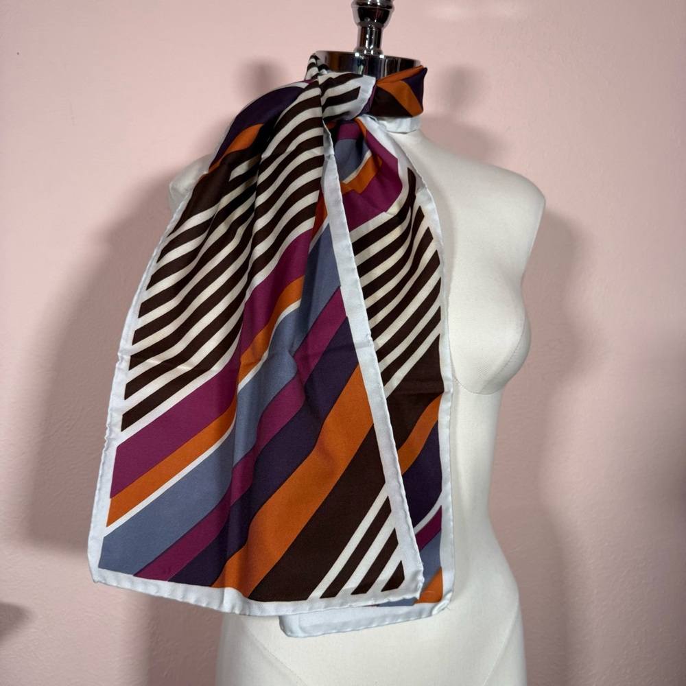 Vintage 1960 70 Mod striped brown magenta orange long rectangular academic scarf